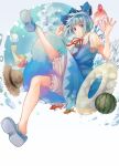 1girl absurdres bloomers blue_bow blue_dress blue_footwear blue_hair bow brown_headwear cirno closed_mouth commentary_request dress food fruit full_body hair_bow hat highres innertube korukua looking_at_viewer short_hair short_sleeves smile solo straw_hat touhou underwear watermelon 