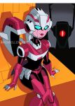  1boy 1girl arcee backpack bag blue_eyes breasts colored_skin helmet highres humanoid_robot ink_soup321 medium_breasts panties pink_lips pink_panties robot sitting thick_thighs thighs transformers transformers_animated underwear 