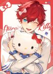  1boy aleo amagi_hiiro aqua_eyes bow character_name cherished_cutie_(ensemble_stars!) commentary earrings english_commentary ensemble_stars! facial_mark hair_bow hello_kitty hello_kitty_(character) highres hoop_earrings jewelry long_sleeves looking_at_viewer male_focus object_hug official_alternate_costume one_eye_closed open_mouth red_bow redhead short_hair solo spade_(shape) striped striped_bow teeth upper_body upper_teeth_only whisker_markings 