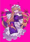  1girl bambootea blonde_hair bow hair_bow hand_fan hat hat_ribbon holding holding_fan long_hair looking_at_viewer mob_cap pink_background portal_(object) red_bow red_ribbon ribbon solo touhou trigram very_long_hair violet_eyes white_headwear wide_sleeves yakumo_yukari 