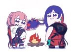  2girls blue_eyes blue_hair bonfire cooking earrings fish full_body grilling hood hood_down hooded_jacket jacket jewelry kaf_(kamitsubaki_studio) kamitsubaki_studio laplace_(kamitsubaki_studio) long_sleeves looking_at_viewer multicolored_clothes multicolored_hair multicolored_jacket multiple_girls pink_hair pleia90 poptepipic redhead rim_(kamitsubaki_studio) simple_background sleeveless sleeveless_jacket virtual_youtuber white_background yellow_pupils 