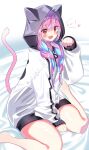  1girl :d animal_ears animal_hood barefoot bed_sheet blue_hair blunt_bangs braid cat_ears cat_tail eyelashes feet_out_of_frame highres hololive hood hood_up hoodie legs light_blue_hair long_hair looking_at_viewer low_twin_braids madai_(mappy) minato_aqua multicolored_hair open_mouth paw_pose paw_print red_eyes sitting sleeves_past_wrists smile solo streaked_hair tail teeth thighs twin_braids upper_teeth_only violet_eyes virtual_youtuber wariza white_hoodie 