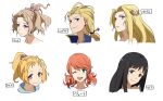  1boy 5girls blonde_hair celes_chere closed_mouth edgar_roni_figaro final_fantasy final_fantasy_v final_fantasy_vi final_fantasy_viii final_fantasy_xiii green_eyes krile_mayer_baldesion_(ff5) long_hair looking_at_viewer medium_hair multiple_girls oerba_dia_vanille one_eye_closed open_mouth ponytail rinoa_heartilly simple_background smile terra_branford white_background 