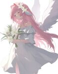  1girl absurdres bare_shoulders blush closed_eyes closed_mouth dress feathered_wings flower hair_flower hair_ornament highres holding holding_flower long_hair miya_takanashi off-shoulder_dress off_shoulder original pink_hair simple_background solo very_long_hair white_background white_dress white_flower white_wings wings 
