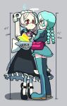  2girls annie_(skullgirls) birthday black_dress black_nails bloody_marie_(skullgirls) boots candle candlelight dress expressionless eye_contact eyepatch full_body green_dress green_hair grey_background hair_ornament happy_birthday height_difference highres holding holding_plate kuroirozuki looking_at_another maid maid_headdress multiple_girls plate red_eyes skull_hair_ornament skullgirls speech_bubble star_(symbol) thigh_boots tiptoes twintails white_hair yellow_eyes 