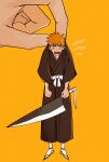  1boy 1other belt between_fingers bleach blush clenched_hands commentary cttttccct disembodied_limb full_body highres holding japanese_clothes kurosaki_ichigo looking_at_viewer male_focus orange_hair sandals simple_background solo spiky_hair sword symbol-only_commentary teeth upper_teeth_only weapon white_belt yellow_background 