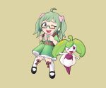  1girl alternate_costume bag belt bow clover fire_emblem fire_emblem_fates glasses green_hair highres midori_(fire_emblem) non-web_source one_eye_closed open_mouth pink_bow pokemon pokemon_(creature) steenee twintails violet_eyes 