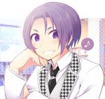  1boy black_necktie blue_lock bookshelf buttons collared_shirt grin jacket library long_sleeves male_focus mikage_reo momosemocha musical_note necktie shirt short_hair smile solo spoken_musical_note thick_eyebrows twitter_username violet_eyes white_jacket white_shirt 