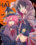  0721786 2boys :d alternate_costume amemura_ramuda black_hair blue_eyes commentary crop_top halloween hat heterochromia holding holding_wand hypnosis_mic mole multiple_boys neck_ribbon orange_background pink_hair red_ribbon ribbon short_hair sidelocks skull smile symbol-only_commentary wand witch_hat yamada_saburo 