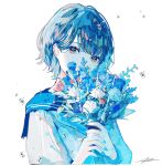  1girl blue_flower blue_nails blue_theme bouquet commentary covered_mouth flower hagimorijia highres holding holding_bouquet long_sleeves looking_at_viewer multicolored_hair nail_polish original pink_flower plant sailor_collar school_uniform serafuku shirt short_hair signature simple_background solo upper_body water_drop white_background white_serafuku white_shirt 