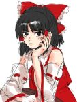  1girl bare_shoulders black_eyes black_hair blunt_bangs bow commentary_request detached_sleeves fingernails frills glaring hair_bow hair_tubes hakurei_reimu hand_on_own_cheek hand_on_own_face hand_up highres korean_commentary kuya_(hey36253625) long_sleeves red_bow simple_background sketch solo touhou white_background 