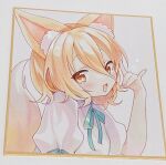  1girl :d animal_ear_fluff animal_ears blonde_hair commentary fox_ears fox_girl fox_shadow_puppet fox_tail grey_background hair_between_eyes highres kudamaki_tsukasa looking_at_viewer moni_monico open_mouth short_hair simple_background smile solo symbol-only_commentary tail touhou traditional_media upper_body yellow_eyes 
