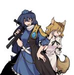  2girls animal_ears blonde_hair blue_dress blue_hair breasts commentary_request dark_blue_hair dress eyes_visible_through_hair fox_ears fox_tail hair_between_eyes hand_on_own_hip hand_up hat herbstcorpuscle highres holding_tripod iizunamaru_megumu kudamaki_tsukasa long_hair looking_at_viewer medium_breasts multiple_girls pointy_ears red_eyes simple_background tail tokin_hat touhou very_long_hair waistcoat white_background 