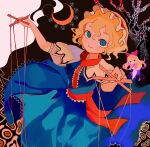  1girl alice_margatroid black_background blonde_hair blue_dress blue_eyes collar comkdom crescent dress full_moon headdress highres looking_at_viewer medium_hair moon puppet puppet_strings red_collar short_sleeves solo touhou 