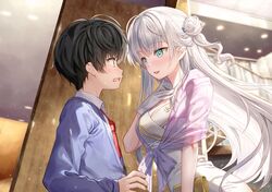  1boy 1girl :d bag black_hair blue_cardigan blush bokura_no_haru_ha_inazuma_no_youni breasts cardigan collared_shirt dress eye_contact from_side fujima_takuya gloves green_eyes grey_hair hair_bun haise_jou hand_on_own_chest handbag holding holding_bag indoors long_hair looking_at_another medium_breasts necktie novel_illustration official_art one_side_up open_mouth red_necktie shirakawa_hakua shirt short_hair single_side_bun smile textless_version upper_body very_long_hair white_dress white_gloves white_shirt 