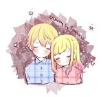  1boy 1girl blonde_hair blue_shirt blush buttons character_name closed_eyes closed_mouth collared_shirt commentary double-parted_bangs english_text facing_viewer gradient_hair grey_background hair_down leaning leaning_on_person medium_hair multicolored_background multicolored_hair orange_hair pink_hair pink_shirt plaid plaid_shirt poppu_usagi project_sekai shirt short_hair sketch smile star_(symbol) swept_bangs tenma_saki tenma_tsukasa unmoving_pattern upper_body wavy_hair white_background 