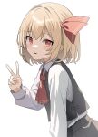  1girl absurdres arina_stepanova ascot black_vest blonde_hair collared_shirt commentary hair_ribbon highres long_sleeves looking_at_viewer red_ascot red_eyes red_ribbon ribbon rumia shirt simple_background solo touhou upper_body v vest white_background white_shirt 