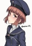  1girl black_neckerchief blue_dress blue_headwear blue_sailor_collar brown_eyes brown_hair clothes_writing dress hat highres kantai_collection looking_at_viewer maakun_(makun_dx) neckerchief one-hour_drawing_challenge sailor_collar sailor_hat short_hair simple_background solo twitter_username white_background z3_max_schultz_(kancolle) 