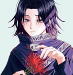  1boy black_hair feitan_portor flower furrowed_brow hands_up high_collar highres holding holding_flower hunter_x_hunter long_sleeves male_focus obentowasureta red_flower shirt short_hair skull_print solo spider_lily upper_body 