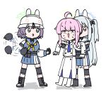  3girls ahoge animal_ears arm_grab belt_pouch black_bow black_gloves black_hair blue_archive blue_eyes blue_necktie blue_sky bow braid braided_bun fake_animal_ears gloves grey_eyes hair_bow hair_bun halo helmet kaya_(blue_archive) knee_pads long_hair miyako_(blue_archive) multiple_girls neckerchief necktie one_side_up pink_hair pouch rabbit_ears saki_(blue_archive) short_hair skirt sky unadare white_gloves white_hair white_skirt yellow_neckerchief 