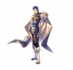  1boy black_pants blue_cape blue_coat blue_eyes blue_hair boots cape clenched_hand coat fire_emblem fire_emblem:_genealogy_of_the_holy_war fire_emblem_heroes lex_(fire_emblem) looking_at_viewer official_art pants shimomura_watari smile solo white_footwear 