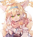  :d animal_ears arknights blonde_hair blue_hairband blurry blush depth_of_field dress falling_leaves fox_ears fox_girl ginkgo_leaf green_eyes hair_between_eyes hair_rings hairband highres holding holding_leaf infection_monitor_(arknights) kitsune kyuubi leaf looking_at_viewer multiple_tails open_mouth pink_scarf portrait raised_eyebrows scarf sen_(5710265) short_sleeves sidelocks simple_background smile straight-on suzuran_(arknights) tail white_background white_dress 