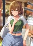  1girl bag bandaid bandaid_on_face blue_shorts blush breasts brown_eyes brown_hair collarbone cowboy_shot highres ichikawa_feesu kantai_collection looking_at_viewer medium_breasts oboro_(kancolle) official_alternate_costume open_mouth shirt short_hair shorts shoulder_bag stomach t-shirt 