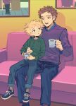  2boys animification blonde_hair brown_hair coffee coffee_cup collared_shirt couch cup disposable_cup father_and_son green_shirt holding holding_cup long_sleeves male_child male_focus multiple_boys richard_tweak s90jiiqo2xf0fk5 shirt shoes sitting sitting_on_lap sitting_on_person south_park tweek_tweak 