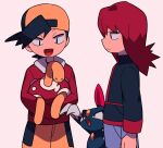  2boys black_eyes black_hair black_jacket closed_mouth ethan_(pokemon) holding holding_pokemon jacket long_hair long_sleeves male_focus multiple_boys pants pokemon pokemon_(creature) pokemon_(game) pokemon_gsc red_jacket redhead short_hair shuckle silver_(pokemon) sneasel standing tyako_089 