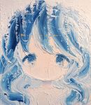 1girl absurdres acrylic_paint_(medium) blue_hair closed_mouth commentary_request dot_mouth dripping highres impasto kamisukimifu limited_palette long_hair looking_at_viewer original painting_(medium) photo_(medium) portrait sidelocks solo sparkle straight-on tareme traditional_media wavy_hair white_background 