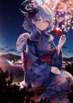  1girl ako_(blue_archive) animal_print blue_archive blue_eyes blue_hair blue_halo blue_kimono breasts commentary fireworks fish_print flower food hair_between_eyes hair_flower hair_ornament halo hand_fan highres holding holding_food japanese_clothes kimono long_sleeves looking_at_viewer medium_breasts night night_sky obi outdoors picter print_kimono sash sitting sky solo wide_sleeves 