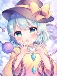  1girl :d blue_background blue_eyes blue_hair blurry bokeh bow coa_(chroo_x) depth_of_field hands_up hat hat_bow heart heart-shaped_pupils heart_hands komeiji_koishi looking_at_viewer open_mouth short_hair simple_background smile solo symbol-shaped_pupils third_eye touhou yellow_bow 
