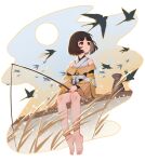  1girl absurdres bare_legs bare_shoulders barefoot bird black_hair blue_sky blunt_bangs bob_cut border chinese_clothes clothing_cutout dress fading_border faux_figurine fishing fishing_line fishing_rod from_below full_body full_moon highres holding holding_fishing_rod jianxia_qingyuan_(series) jianxia_qingyuan_online_3 long_sleeves looking_to_the_side moon multicolored_sky outside_border reeds short_dress short_hair shoulder_cutout sitting sky solo swallow_(bird) wide_sleeves yellow_dress yellow_sky yi_er_san 