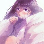  1girl black_hair frown hair_behind_ear highres jacket looking_at_viewer mask mouth_mask oke_(knjou_g_tya) original ribbed_sweater sleeves_past_wrists solo squatting sweater violet_eyes white_background white_jacket white_sweater 