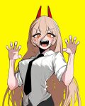  1girl alternate_breast_size black_necktie black_pants blonde_hair breasts chainsaw_man claw_pose collared_shirt cross-shaped_pupils eyes_visible_through_hair fangs hair_between_eyes highres horns large_breasts long_hair looking_at_viewer necktie nelbayasi open_mouth pants power_(chainsaw_man) red_horns sharp_teeth shirt simple_background solo symbol-shaped_pupils teeth white_shirt yellow_background yellow_eyes 