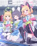  3girls animal_ear_headphones animal_ears black_hair black_thighhighs blonde_hair blue_archive blue_bow blue_necktie blue_serafuku bow cat_ear_headphones controller fake_animal_ears game_console game_controller green_neckerchief halo headphones highres holding holding_controller ine_(ineinnen) jacket midori_(blue_archive) miyu_(blue_archive) momoi_(blue_archive) multiple_girls neckerchief necktie off_shoulder open_clothes open_jacket pantyhose pink_bow playing_games rabbit_ear_headphones school_uniform serafuku siblings sisters sitting smile sparkle thigh-highs twins white_pantyhose 