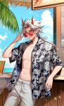  1boy absurdres arataki_itto black_shirt genshin_impact grey_hair highres horns male_focus multicolored_hair muscular muscular_male navel oni_horns open_clothes open_shirt pants pponnya red-framed_eyewear red_eyes redhead shirt smile solo stomach sunglasses teeth white_pants 