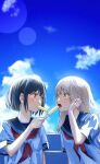  2girls absurdres adjusting_hair arisugawa_bii blue_sailor_collar blurry blurry_background blush bob_cut clouds commentary_request day feeding film_grain food_in_mouth highres holding_popsicle lens_flare light_brown_hair long_hair multiple_girls neckerchief one_eye_closed open_mouth original outdoors popsicle_in_mouth red_neckerchief sailor_collar school_uniform serafuku shirt short_hair short_sleeves sidelocks sky summer white_serafuku white_shirt yellow_eyes yuri 