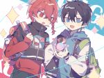  2boys :d :o backpack bag black_hair black_jacket blue_eyes blue_hoodie blue_lock blush braid cropped_jacket diamond_(shape) drawstring hair_between_eyes high_collar hood hood_down hoodie isagi_yoichi jacket kurona_ranze letterman_jacket long_sleeves male_focus multiple_boys open_mouth red_eyes red_shirt redhead saturn_(planet) sen_(5710265) sharp_teeth shirt sidelocks smile teeth upper_body 