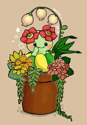  bellossom blue_eyes blush flower flower_pot light_brown_background no_humans orange_flower pink_flower pk53n plant pokemon pokemon_(creature) potted_plant red_flower smile solo star_(symbol) twitter_username yellow_flower 