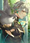  1boy alhaitham_(genshin_impact) animal animal_on_hand bird bird_on_hand black_gloves black_shirt blue_eyes commentary_request day eyebrows_hidden_by_hair from_side genshin_impact gloves grey_hair hair_between_eyes highres karokuchitose male_focus outdoors parted_lips partially_fingerless_gloves profile shirt sleeveless sleeveless_shirt solo thick_eyebrows upper_body 