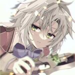  1girl blurry blurry_background bow bowtie eiyuu_densetsu fie_claussell green_eyes gunblade holding holding_weapon looking_at_viewer natsusechoco sen_no_kiseki short_hair solo thors_military_academy_class_vii_uniform weapon white_hair 