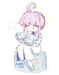  1girl :3 :q ahoge az79709363 blue_archive braid braided_bun character_doll closed_eyes coffee_mug commentary_request cup doll general_student_council_president_(blue_archive) hair_bun halo highres holding holding_cup holding_doll kaya_(blue_archive) mug pink_hair single_hair_bun sitting skirt solo tongue tongue_out translation_request white_skirt 