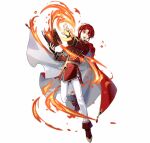  1boy azelle_(fire_emblem) book boots brown_footwear cape clenched_hand coat fire fire_emblem fire_emblem:_genealogy_of_the_holy_war fire_emblem_heroes holding holding_book official_art open_mouth pants red_cape red_coat red_eyes redhead tobi_(kotetsu) white_pants 