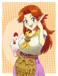  1girl ascot belt bird blue_eyes breasts brown_hair brown_jabot chicken cucco dress hecticarts highres light_blush malon parted_bangs pointy_ears purple_dress short_sleeves the_legend_of_zelda the_legend_of_zelda:_ocarina_of_time yellow_ascot 