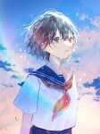  1girl blue_eyes blue_sailor_collar clouds commentary_request crying crying_with_eyes_open dusk grey_hair hagimorijia heterochromia highres neckerchief original pink_eyes red_neckerchief sailor_collar school_uniform serafuku shade shirt short_hair short_sleeves sky solo tears water_drop white_serafuku white_shirt 