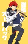  1boy amagi_hiiro black_footwear blue_eyes blush buttons collared_shirt commentary ensemble_stars! foot_out_of_frame highres holding holding_instrument hood hood_down instrument jacket long_sleeves male_focus open_clothes open_jacket playing_flute redhead shirt short_hair solo sweater symbol-only_commentary translation_request vitacoyaki yellow_background 