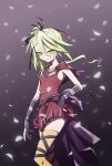  1girl absurdres belt breasts deathpolca demons_roots dress feet_out_of_frame floating gloves gradient_background green_eyes green_hair grey_background hair_between_eyes hair_ribbon highres long_hair looking_at_viewer parted_lips petals rabbit_king red_dress ribbon side_ponytail sleeveless sleeveless_dress small_breasts smile solo thigh-highs zettai_ryouiki 