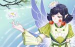  1boy belt black_hair blue_wings branch closed_mouth detached_sleeves facial_mark fairy fairy_wings flower from_above green_belt green_shirt hair_flower hair_ornament half-closed_eyes hand_up highres holding holding_flower jixiang_(xiao_huaxian) kumu_zaisheng looking_to_the_side lotus medium_hair orange_eyes pointy_ears ripples shirt short_eyebrows short_sleeves sidelocks smile solo upper_body water white_flower wings xiao_huaxian 