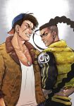  2boys angry baseball_cap black_hair blonde_hair blue_eyes braid brown_eyes dog_tags facing_another hat highres jamie_siu long_braid long_hair luke_sullivan mukaisako3594 multiple_boys scar scar_across_eye scar_on_face single_braid stare_down street_fighter street_fighter_6 vest yellow_vest 